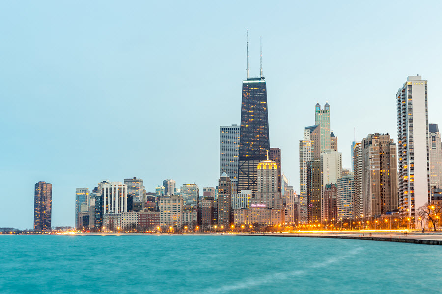 View of the Chicago Skyline from Lake Michigan.