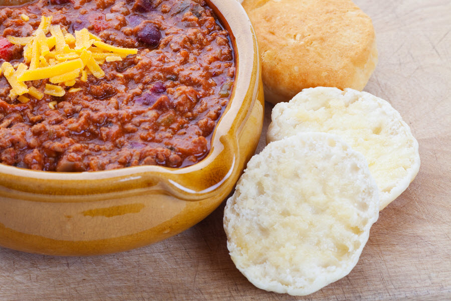 Chili Con Carne With Buttered Biscuits.