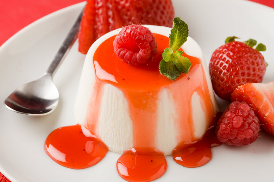 Italian Panna Cotta With Strawberries & Strawberry Syrup.